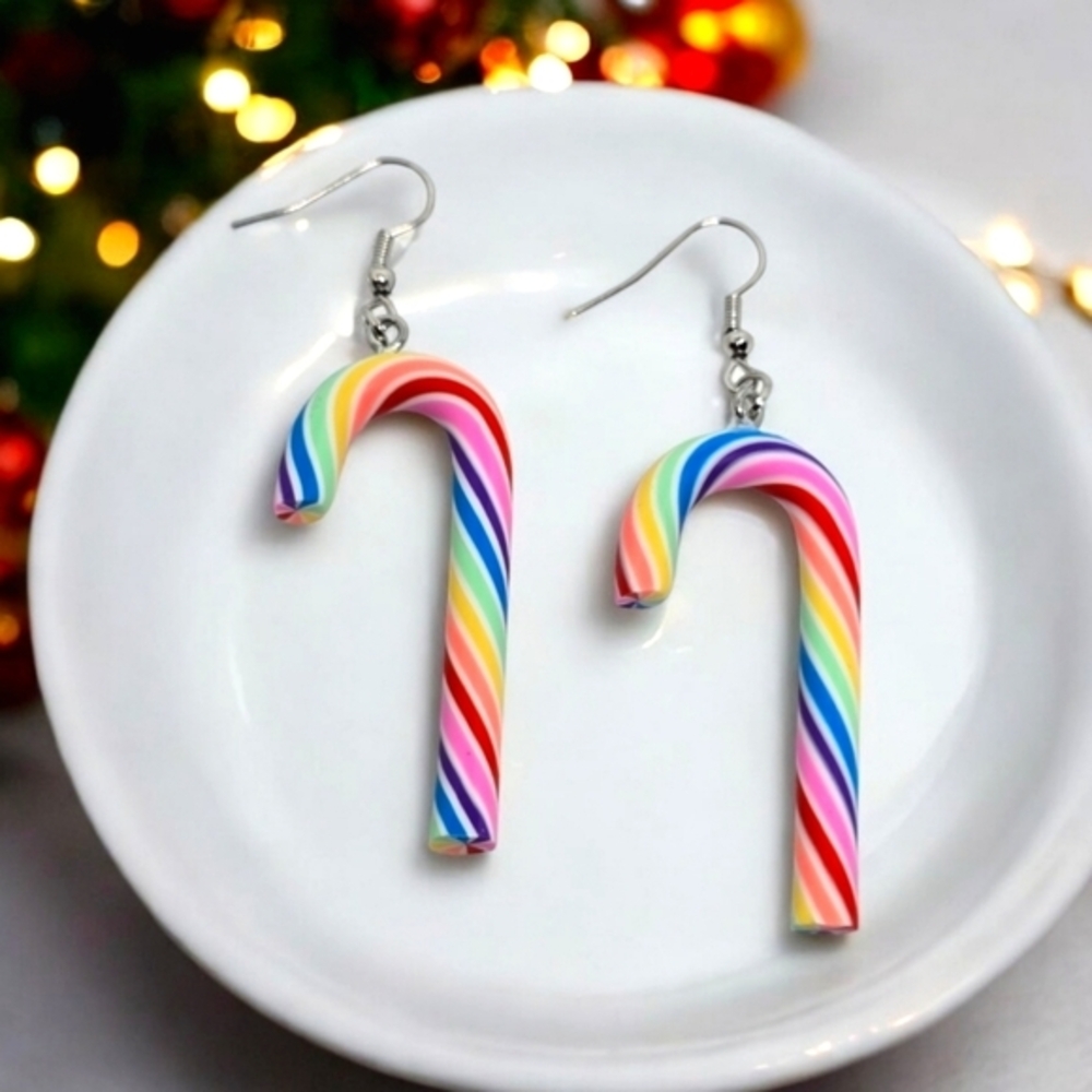 NEW‎ Candy Cane Striped Christmas Holiday Fashion Earrings Rainbow